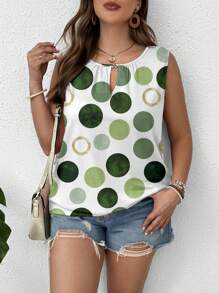 SHEIN LUNE 大码绿色几何圆点印花休闲无袖背心，夏季 - 彩色 - 查看 1