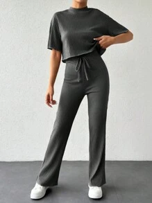 EURMUSE Ribbed High Elastane Casual Leisure Crop Top And Pants 2pcs Set - Dark Grey - View 1