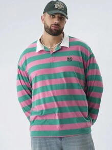 Manfinity VCAY 男士大码休闲针织条纹长袖 Polo 衫，适合春秋季节