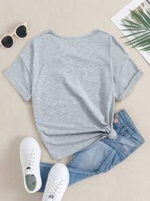 青少年女孩花卉和棋盘格印花宽松休闲舒适短袖 T 恤 - 灰色 - 查看 2