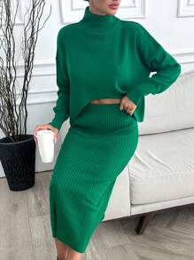 RueChic Mock Neck Drop Shoulder Jumper & Knit Skirt - Green - View 7