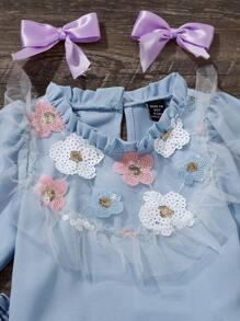 Baby Girls Light Blue Cute Patchwork Top & Denim Flared Pants With Colorful Beads - Baby Blue - View 3