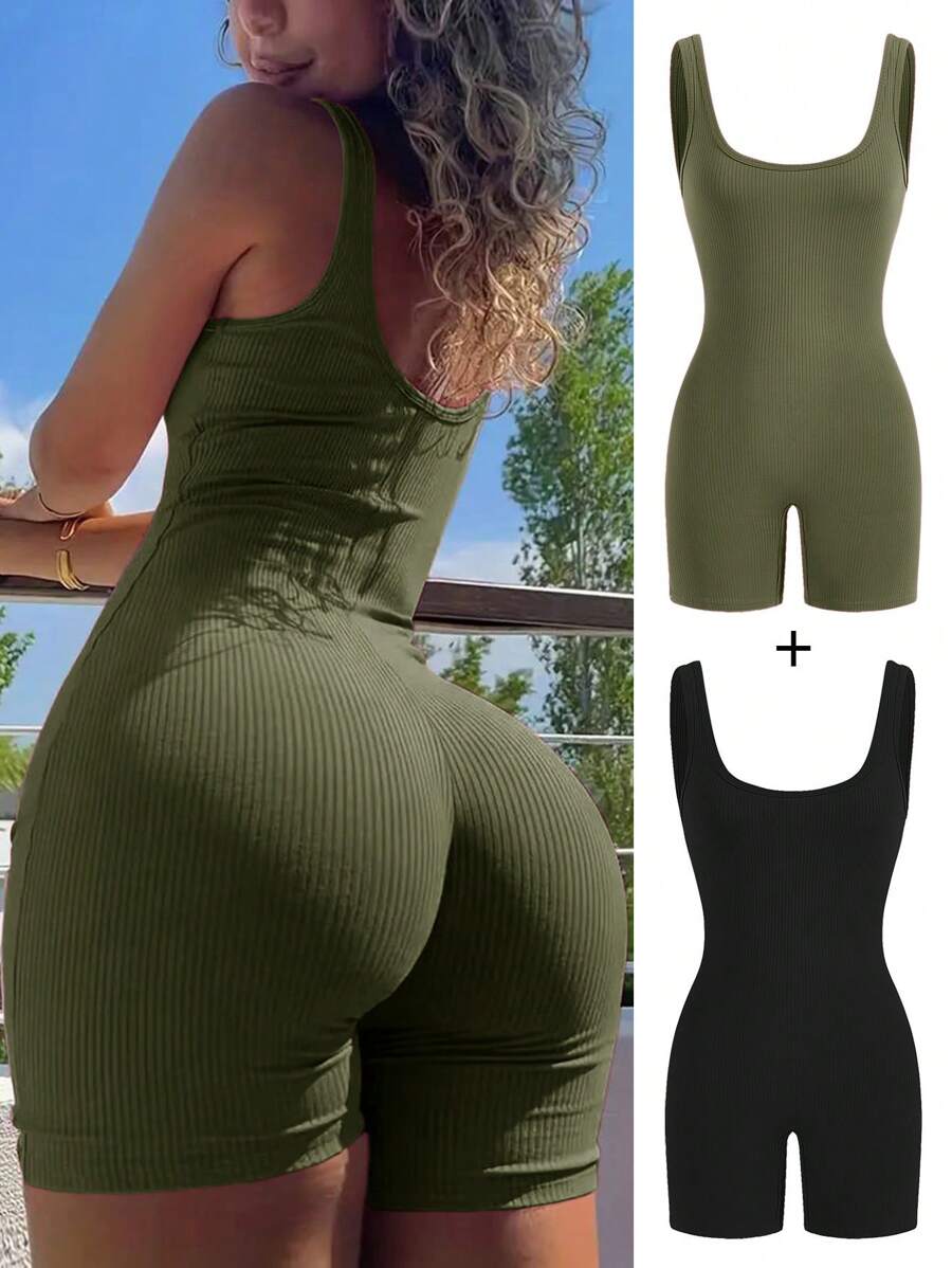 SHEIN SXY 2 gói Bộ áo liền quần không tay màu trơn thường ngày mùa hè dành cho nữ - màu xanh lá - Xem 1