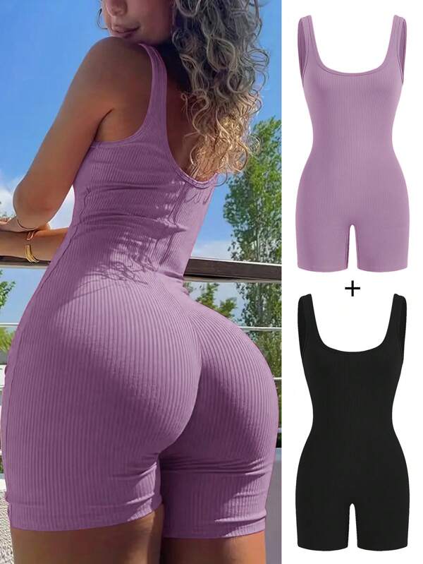 SHEIN SXY Salopetă elegantă pentru femei, mărime plus, primăvară-vară, sexy, de zi cu zi, simplă, pachet de 2, casual, culoare solidă, fără mâneci, scurtă, slim fit, potrivită pentru purtare de zi cu zi, ieșiri în oraș, sală, cochetă, ușor de asortat și arată slim, îți pune în valoare corpul, flatează silueta