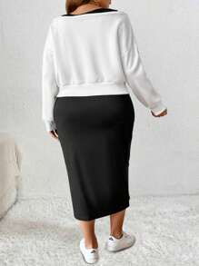 SHEIN CURVE+ 大码女式两件套：长袖印花上衣和纯色无袖连衣裙，日常休闲 - 白色 - 查看 2