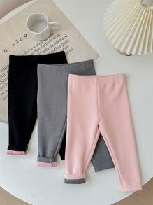 SHEIN LMoss Kids 3 件套女婴可爱百搭针织松紧腰保暖内衬裤套装，秋冬 - 彩色 - 查看 3