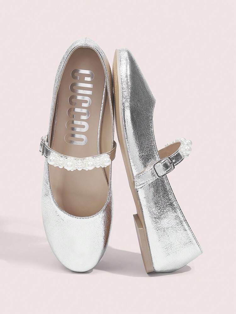 CUCCOO DOLLMOD Women's Flat Comfortable Shoes With Silver Metal PU & Pearl Strap Decoration Christmas