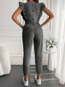 EURMUSE Ruffle Trim Button Front Denim Jumpsuit - Dark Grey - View 2