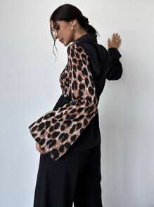 Firerie Women's Elegant Commuter Blouse Leopard Print Asymmetric Color Block Long Sleeve Shirt