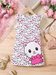 SHEIN Vestido casual con estampado de unicornio para niña pequeña, adecuado para primavera, verano y otoño, diseño versátil para salidas, escuela, hogar y fiestas, talla para edades de 4 a 7 años - Blanco - Ver 1