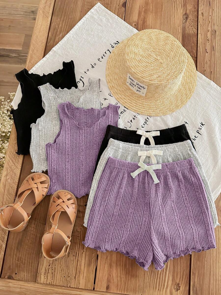 SHEIN LMoss Kids LMoss 女婴 6 件套可爱简约针织纯色无袖荷叶边下摆背心和短裤套装 - 淺灰紫 - 查看 1