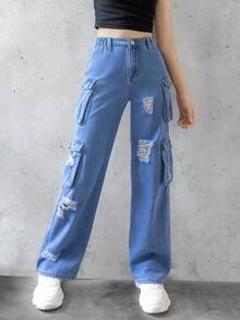 SHEIN Explorewe Tween Girls Jeans New Style Casual Fashion Ripped Cargo Style Washed Denim Straight Pants - Medium Wash - View 6