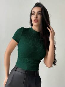 Aloruh Green Textured Short-Sleeved Shirt Elegant, Chic, Modest Re-Wearable Comfortable  Spring Break Outfits Going Out Outfits Vacation - Dark Green - View 5