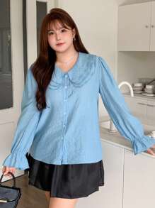 Dazy Petite Plus Plus Size Ruffle Collar Textured Fabric Long Sleeve Shirt,Fall Clothes - Blue - View 6