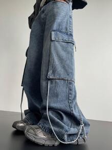 Manfinity Denimwave بنطال جينز واسع عتيق الغسل من اللون الأزرق الرمادي والأزرق البحري متعدد الجيوب للرجال - ازرق ضبابي - مشاهدة 8