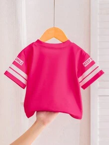 SHEIN Playful Pals Conjunto deportivo informal respirante con estampado de letras y cuello en V para bebés niñas, traje de hockey sobre hielo - Rosa Fucsia - Ver 2