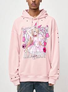 ROMWE MEN ROMWE Avant Men's Subculture Anime Printed Grommet Eyelet Decor Loose Hoodie, School - Pink - View 4