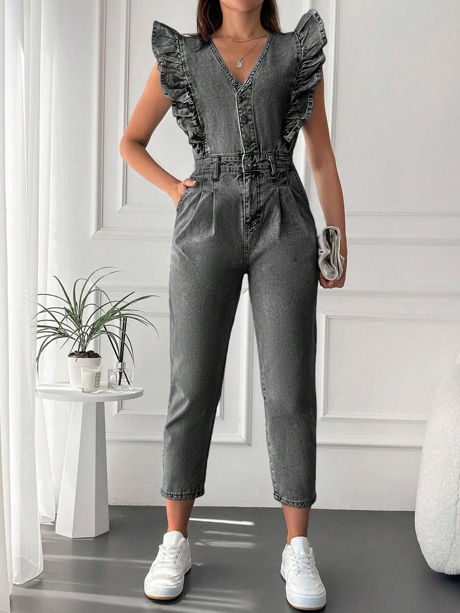 EURMUSE Ruffle Trim Button Front Denim Jumpsuit - Dark Grey - View 1
