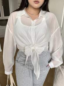 Dazy Petite Plus 加大码纯色宽松翻领长袖领带衬衫透视秋季女装 - 白色 - 查看 4