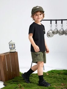 SHEIN Chàng trai trẻ Vòng cổ Áo thun & Túi có nắp Eo dây rút Quần short - Nhiều màu - Xem 3