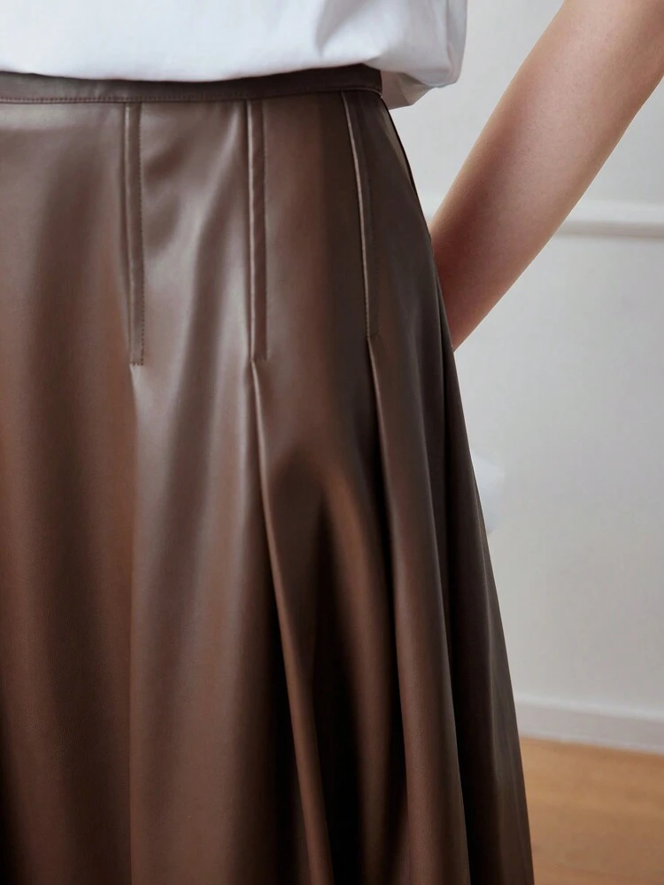 MOTF STUDIO PU LEATHER ZIPPER BACK FLARE MIDI SKIRT