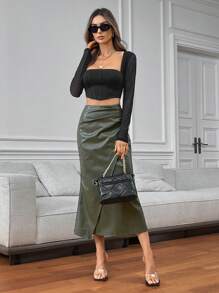 SHEIN Privé Women's Elegant Olive Green PU Fishtail Long Skirt,Autumn Pleated Tight Skirt For Office,Business Casual Fashion Commuting Versatile Fall Clothing - Green - View 7