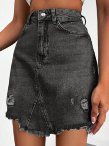 EURMUSE Ripped Raw Hem Denim Skirt - Grey - View 4
