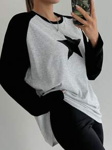 DAZY Women's Fashion Basic Patchwork Contrast Color Casual Print T-Shirt - Grey - View 6