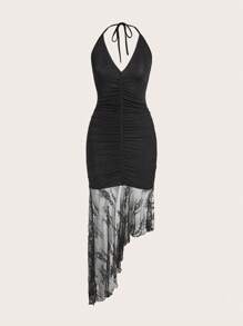 Opulessa Vestido de tirantes halter para mujer con abertura trasera arrugado y encaje, ideal para vacaciones en la playa