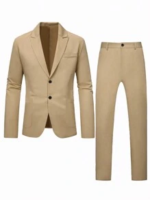 Manfinity Mode Men's Business Solid Color Simple Daily 2pcs/Set Single Button Blazer & Suit Pants Suit