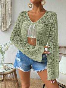 SHEIN LUNE 女士纯色镂空长袖前系带短款宽松开衫，春夏 - 橄欖綠 - 查看 1