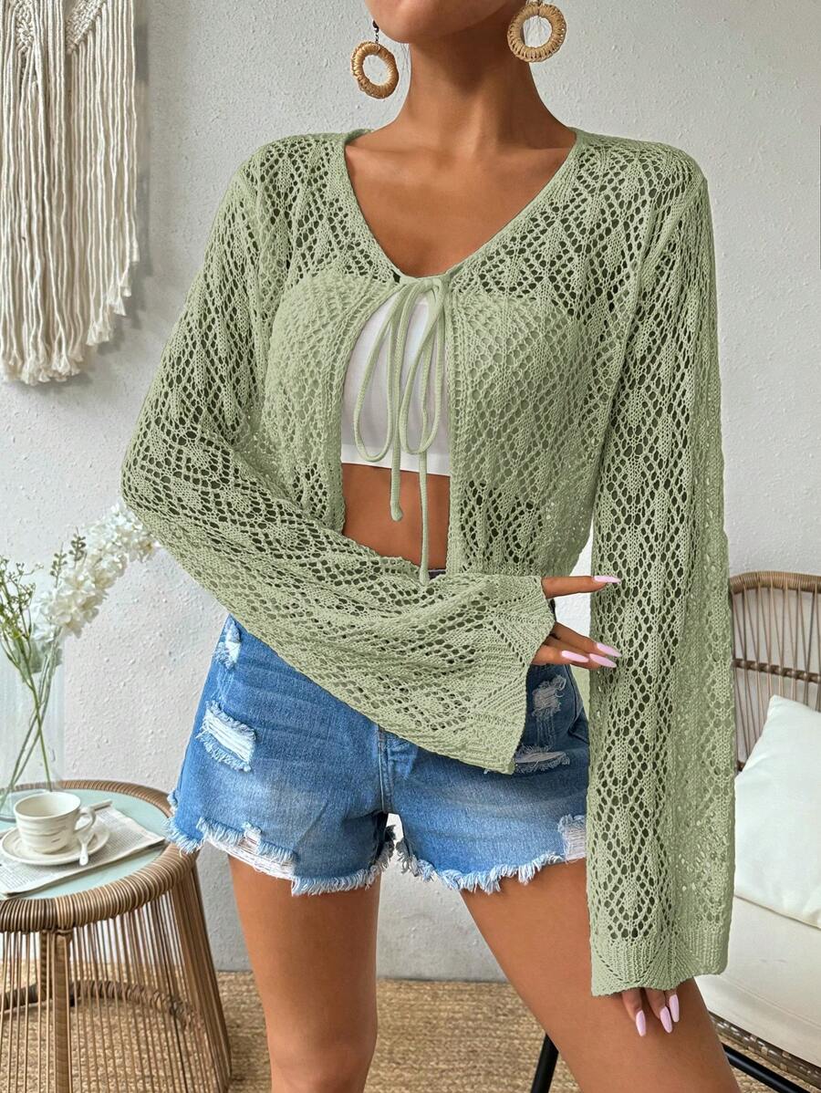 SHEIN LUNE 女士纯色镂空长袖前系带短款宽松开衫，春夏 - 橄欖綠 - 查看 1