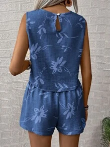 SHEIN LUNE 2pcs Women's Crew Neck Sleeveless Tank Top And Allover Print Shorts Set - Blue - View 2