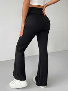 SHEIN PETITE Leggings acampanados de unicolor para mujeres con dobladillo, elásticos, con forro térmico de microbotas - Gris - Ver 2