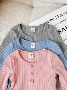SHEIN 3pcs Baby Girl Casual Cute Versatile Solid Color Knit Elastic Long Sleeve Top Set