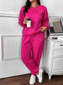 SHEIN Frenchy 2 件/套大码热粉色女士心形印花圆领落肩长袖运动衫和慢跑裤套装，春秋季，返校节 - 玫紅色 - 查看 3