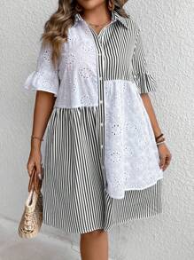 SHEIN LUNE Plus Size Striped Print Hollow Embroidered Button-Front Casual Vacation Dress - Black - View 7