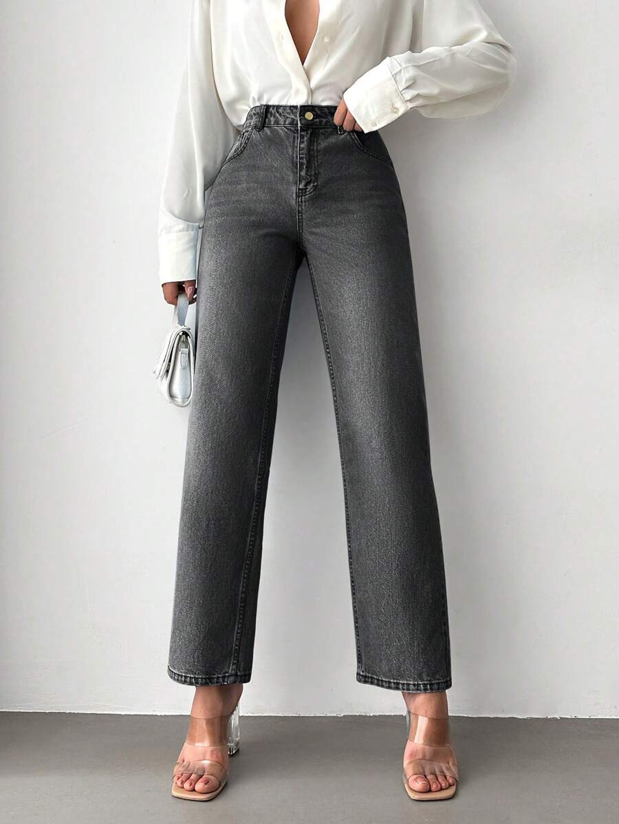 RueChic High Waist Straight Leg Jeans - Grey - View 1