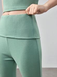SHEIN Teenage Girl's Knitted Solid Color Ribbed Short Sleeve T-Shirt And Flared Pants Casual Sports Two-Piece Set - Green - View 3