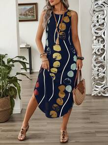 EMERY ROSE Vestido sin mangas de verano con estampado para mujeres - Azul Marino - Ver 3