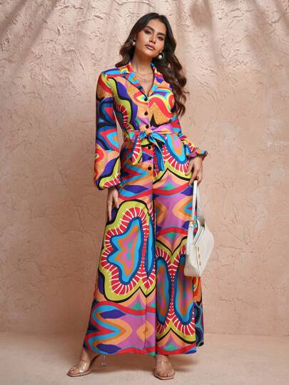 Abeille Creations Designer All-Over Printed Long Sleeve Wide Leg Jumpsuit With Detachable Belt, For Holiday, Vacation, Spring, Beach, Festival, Ibiza Fits