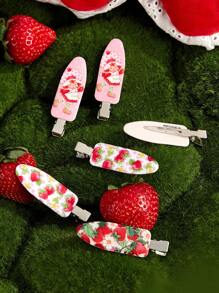 Strawberry Shortcake X SHEIN 6 pièces de clips à cheveux sans plis avec motifs de personnages de dessins animés, de fleurs et de fraises. Ne laisse pas de marques, convient pour se laver le visage, le maquillage, le port quotidien et l'assortiment extérieur. Barrettes à cheveux.