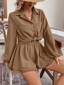 Breezaya 2 piezas Conjunto casual de blusa de manga larga con botones y bolsillos en unicolor, y shorts con cintura tipo paper bag para mujer