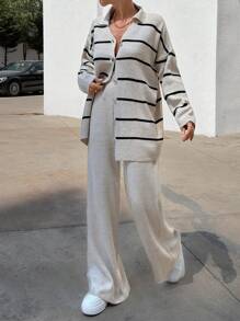 EURMUSE Women Striped Sweater Cardigan And Pant Set - Black and White - View 5