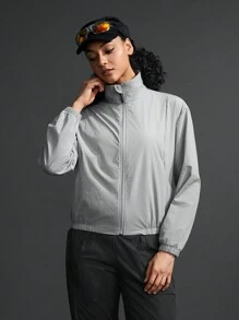 SHEIN Sports Women's Solid Color Minimalist Everyday Stand Collar Long Sleeve Jacket - Grey - View 10