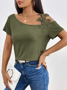 SHEIN Clasi Áo thun nữ tay ngắn cổ bẻ họa tiết ren hoa đơn giản màu trơn sang trọng - xanh quân đội - Xem 6