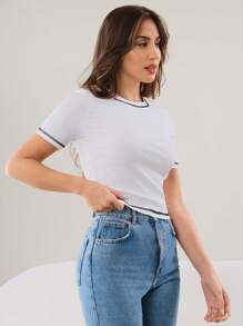Mulvari 2pcs Contrast Stitch Rib-Knit Slim Fit Tee For Summer