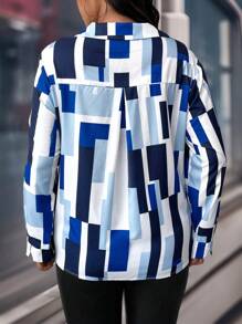SHEIN Clasi Plus Size Women's Color Block Geometric Print Long Sleeve Shirt - Multicolor - View 2