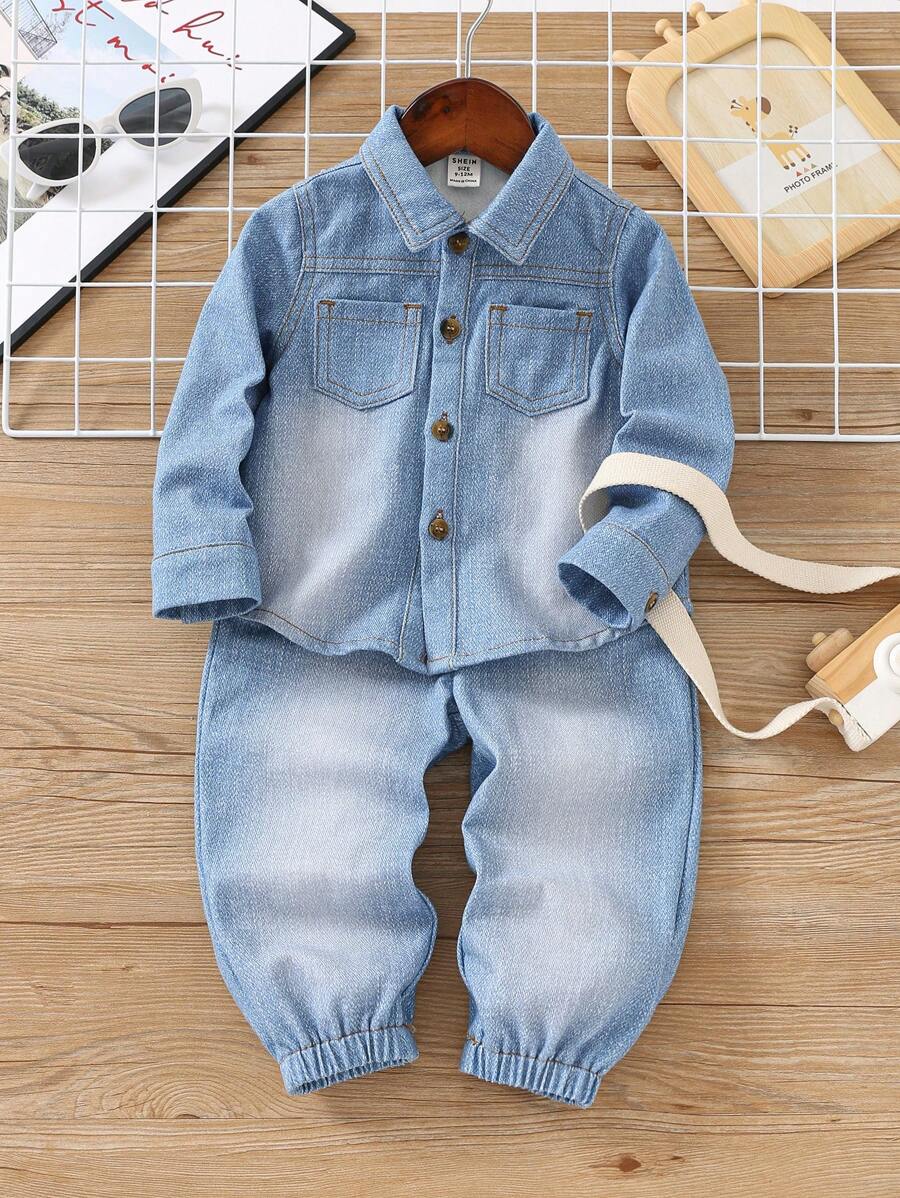 SHEIN 2 Cái/bộ Áo khoác hiệu ứng denim thông thường cho bé gái và bé trai màu xanh ombre và trang phục quần thể thao vừa vặn, thích hợp cho trường học, gia đình và ngoài trời - Màu xanh lam - Xem 1