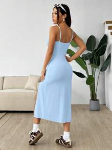 Leopard Print Midi Dress With Side Slit And Straps - Blue - View 2